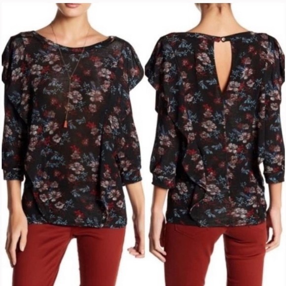 Free People Black Floral Blouse with ruffle overlay size XS Dock Street Top - Picture 9 of 9
